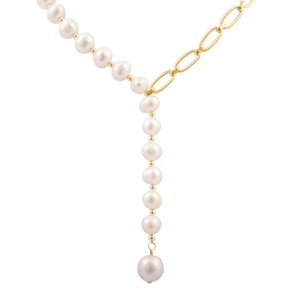 Hepburn White Pearl Golden Y Necklace