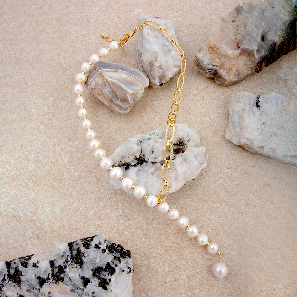Hepburn White Pearl Golden Y Necklace