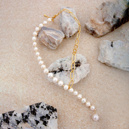 Hepburn White Pearl Golden Y Necklace