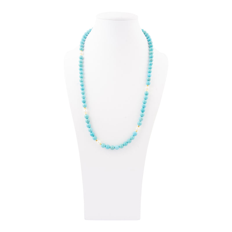 Hepburn Pearl and Blue Magnesite Long Golden Necklace