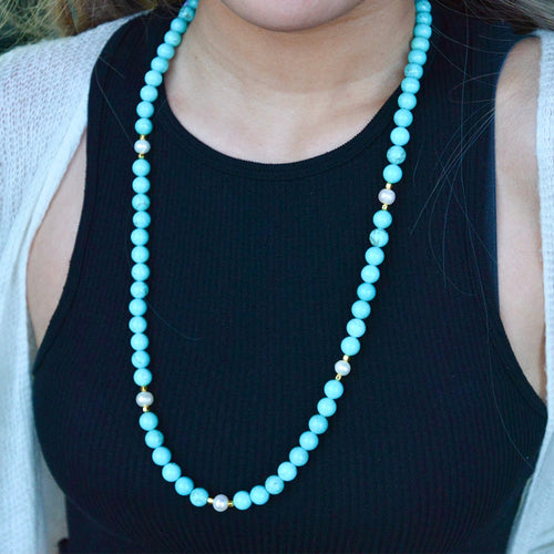Hepburn Pearl and Blue Magnesite Long Golden Necklace