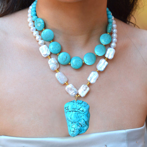 Hepburn Blue Magnesite Golden Pendant Necklace