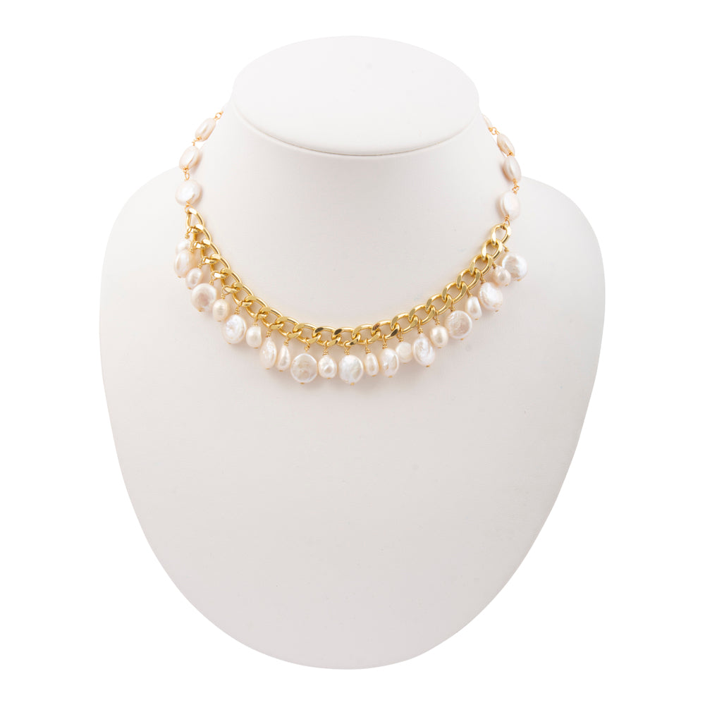 Hepburn White Pearl Golden Cluster Necklace