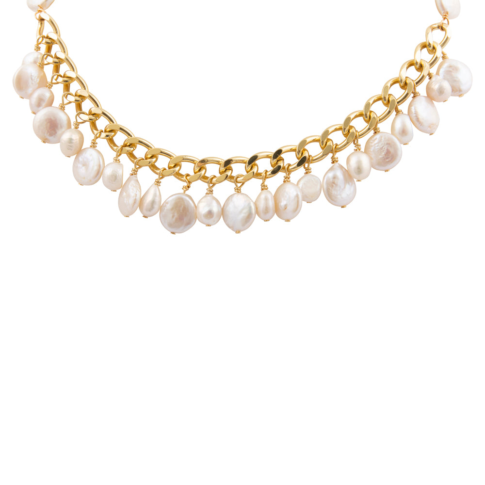 Hepburn White Pearl Golden Cluster Necklace