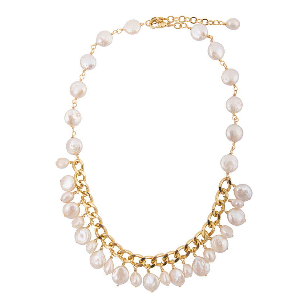 Hepburn White Pearl Golden Cluster Necklace