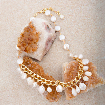 Hepburn White Pearl Golden Cluster Necklace
