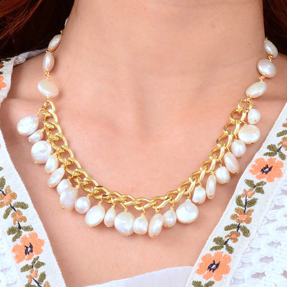 Hepburn White Pearl Golden Cluster Necklace