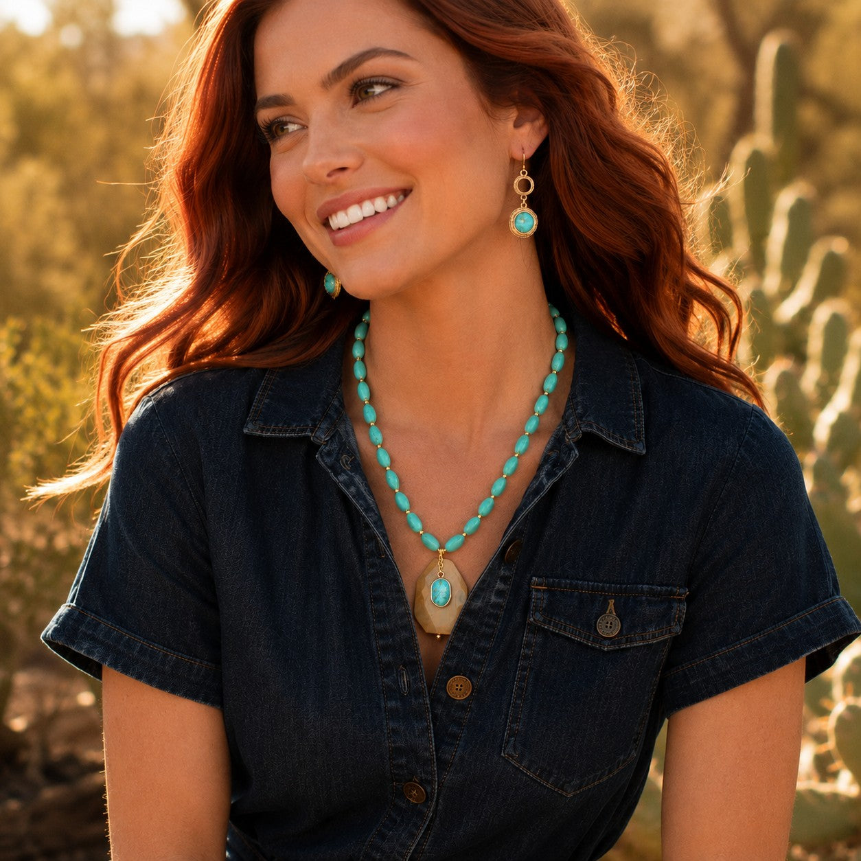 Wild Horse Jasper Blue Turquoise Pendant Golden Necklace