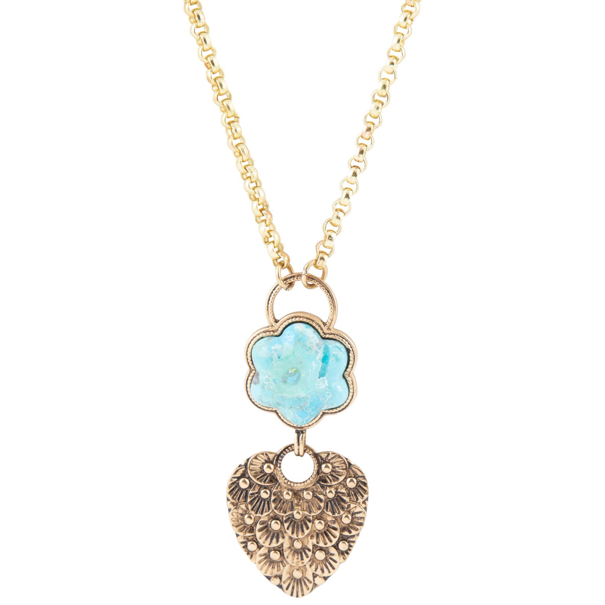 Necklace with a blue clover-shaped pendant and gold heart charm on a white background