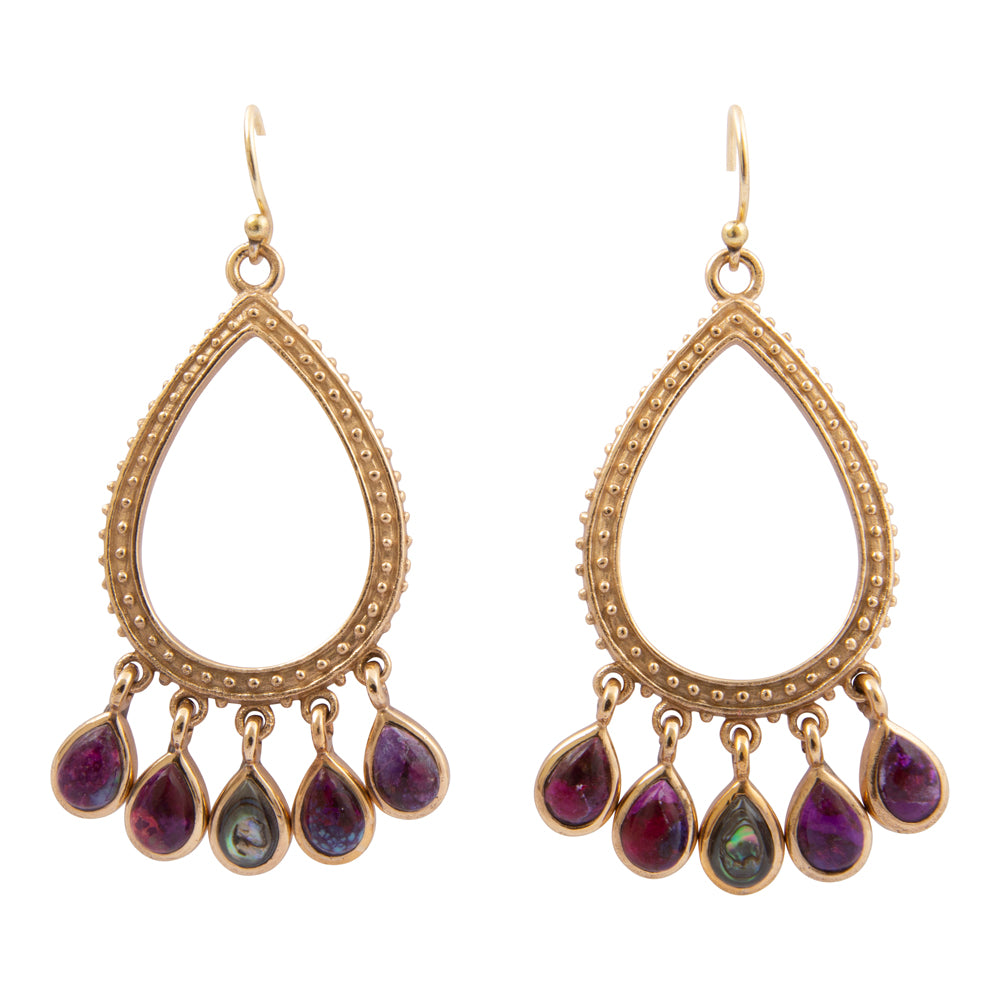 Purple Turquoise and Abalone Golden Drop Earrings