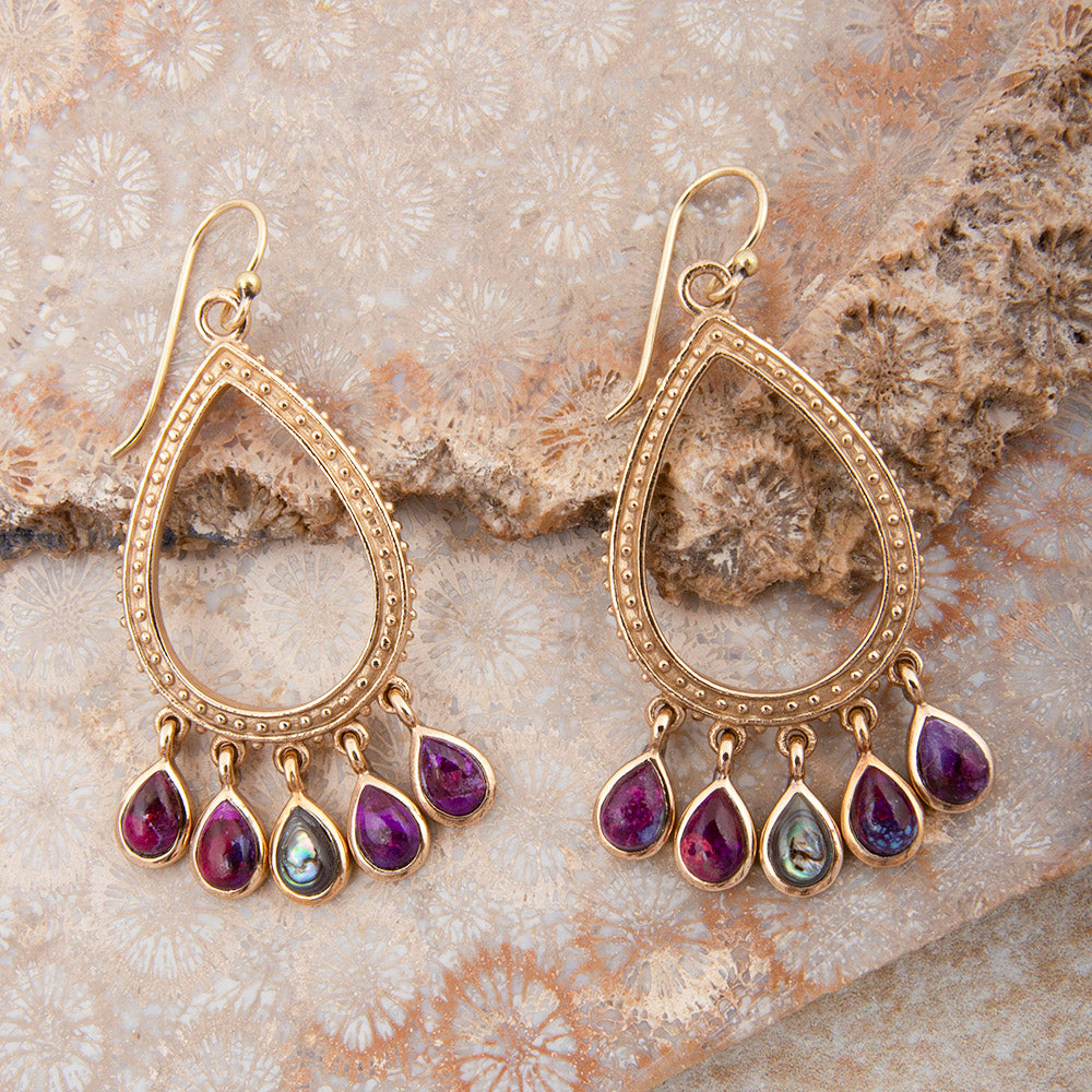Purple Turquoise and Abalone Golden Drop Earrings