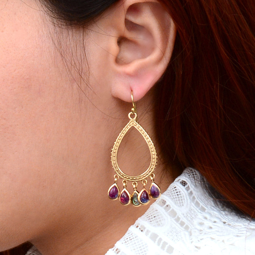 Purple Turquoise and Abalone Golden Drop Earrings