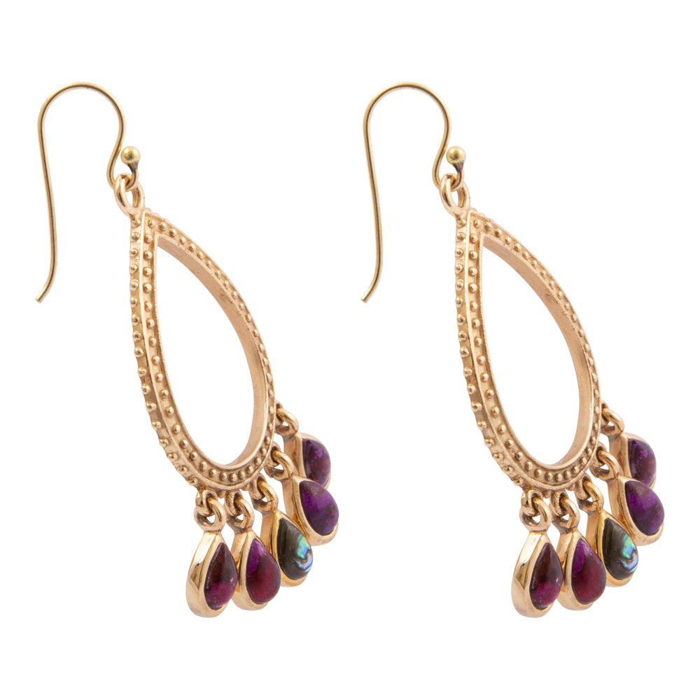 Purple Turquoise and Abalone Golden Drop Earrings