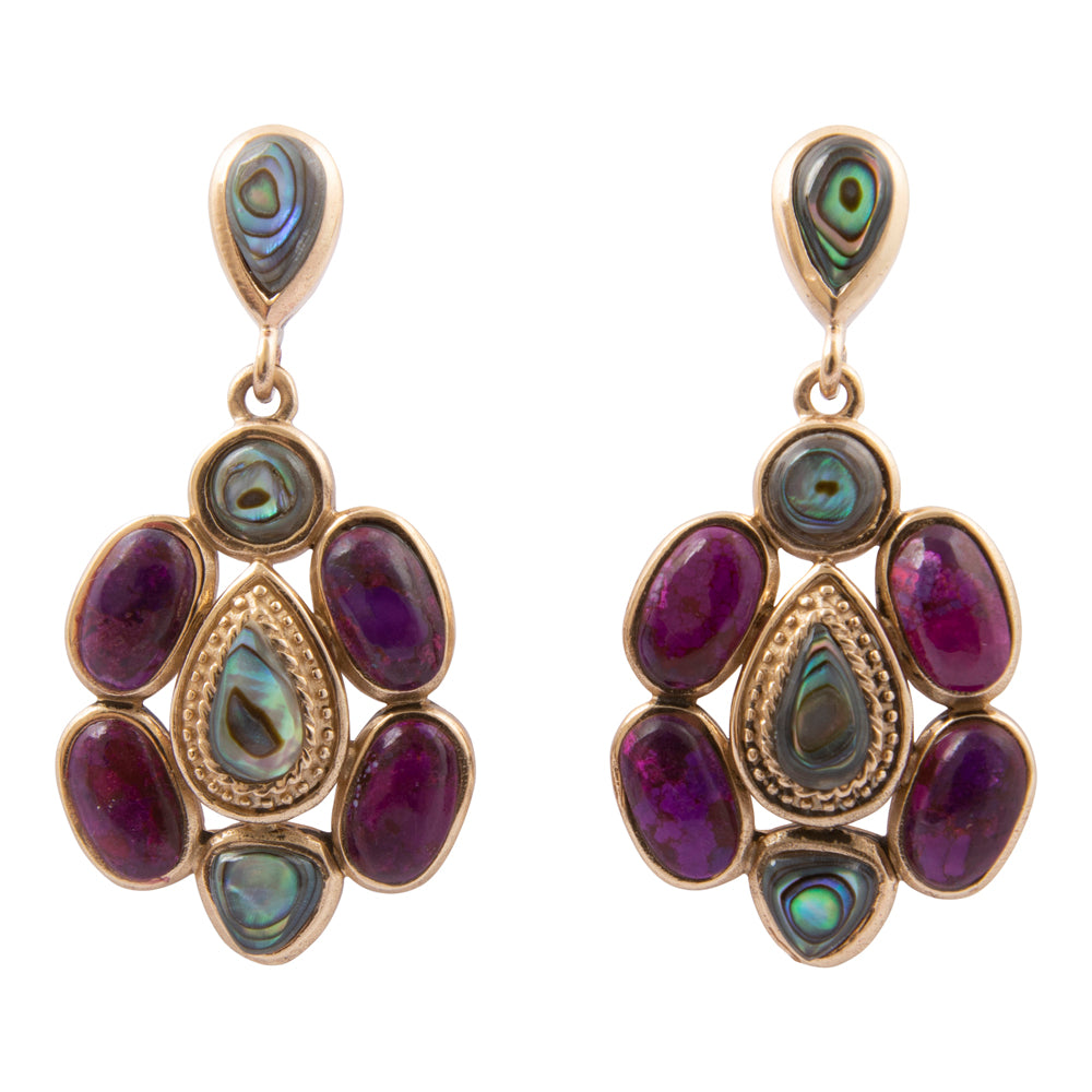Purple Turquoise and Abalone Golden Drop Earrings