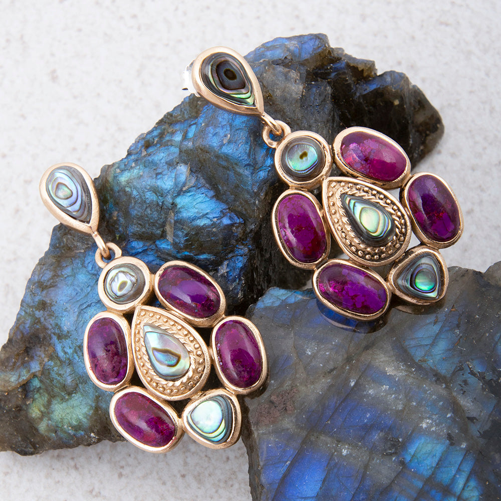 Purple Turquoise and Abalone Golden Drop Earrings