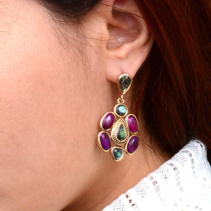 Purple Turquoise and Abalone Golden Drop Earrings