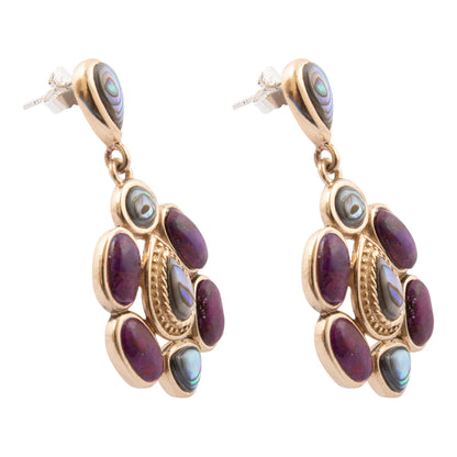 Purple Turquoise and Abalone Golden Drop Earrings