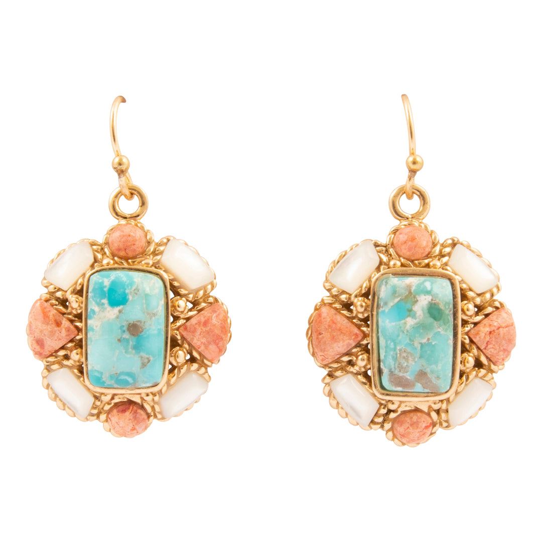 Roped Blue Turquoise Orange Coral Golden Drop Earrings