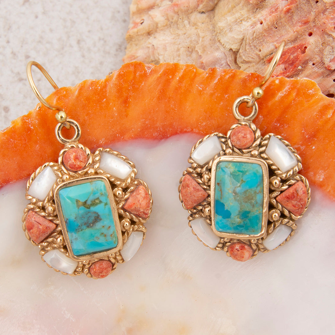 Roped Blue Turquoise Orange Coral Golden Drop Earrings