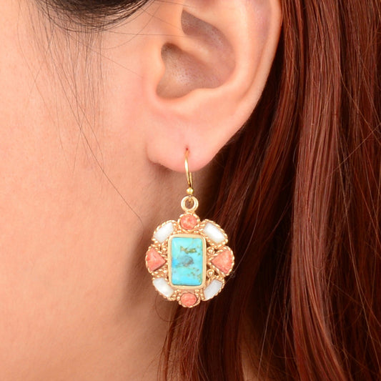 Roped Blue Turquoise Orange Coral Golden Drop Earrings