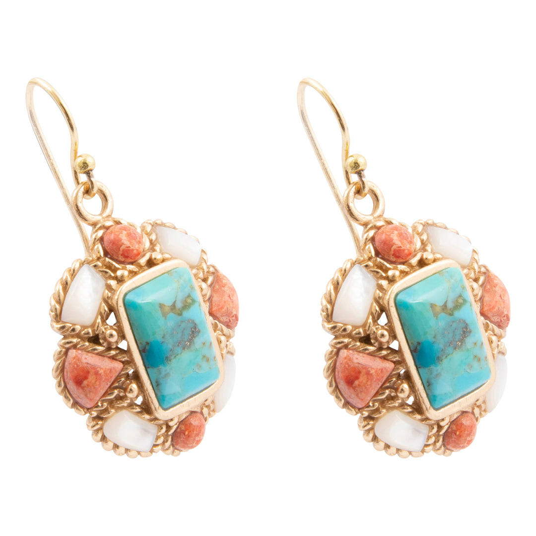 Roped Blue Turquoise Orange Coral Golden Drop Earrings