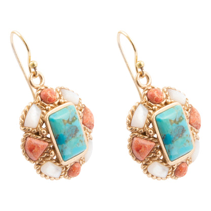 Roped Blue Turquoise Orange Coral Golden Drop Earrings