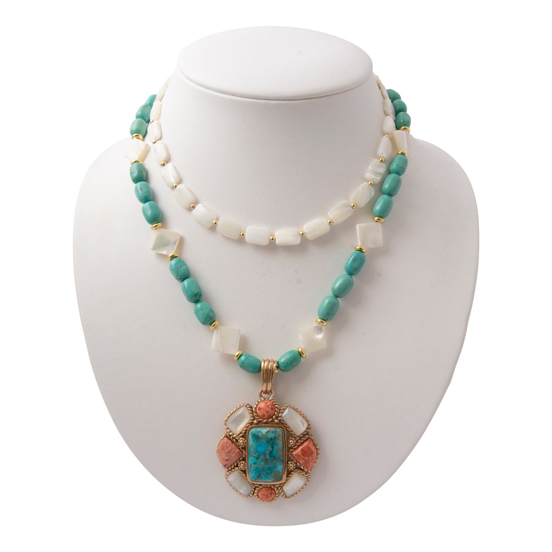 Roped Blue Turquoise Orange Coral Golden Pendant Necklace