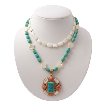 Roped Blue Turquoise Orange Coral Golden Pendant Necklace