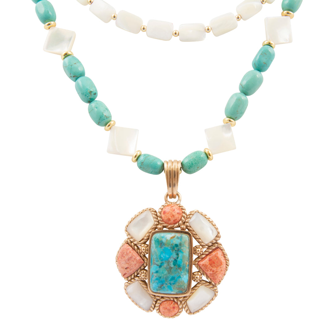 Roped Blue Turquoise Orange Coral Golden Pendant Necklace