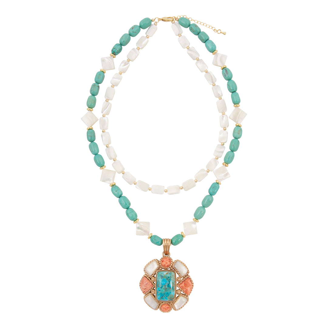 Roped Blue Turquoise Orange Coral Golden Pendant Necklace