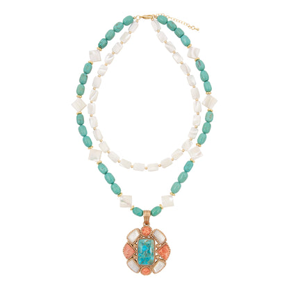 Roped Blue Turquoise Orange Coral Golden Pendant Necklace