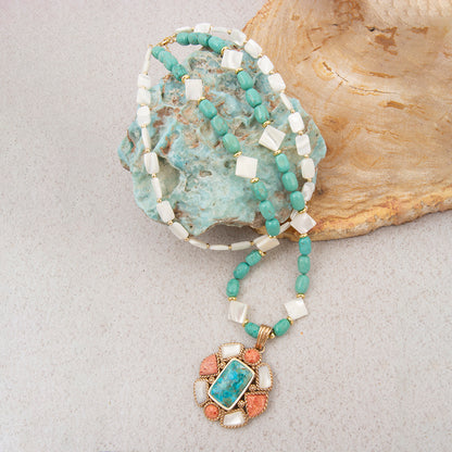 Roped Blue Turquoise Orange Coral Golden Pendant Necklace