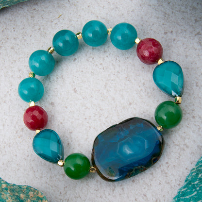 Jeweled Blue Agate Chunky Golden Stretch Bracelet