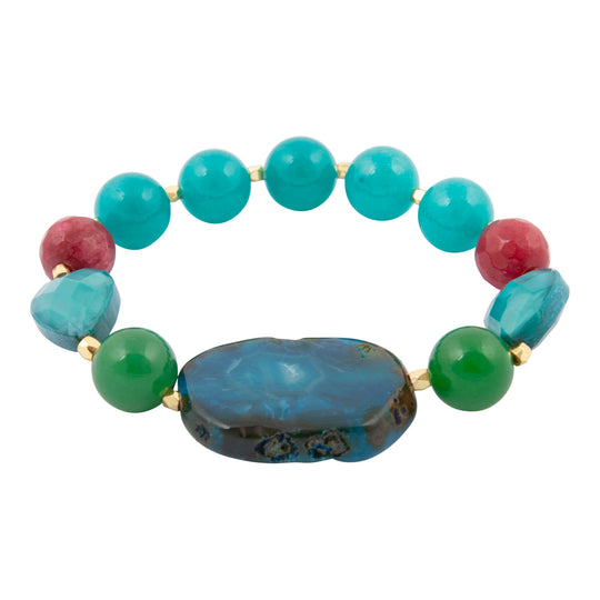 Jeweled Blue Agate Chunky Golden Stretch Bracelet