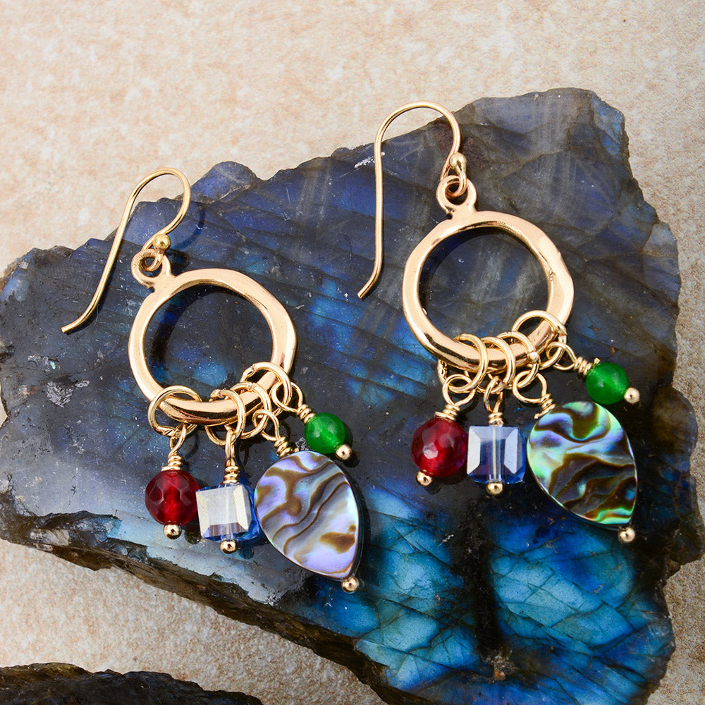 Abalone and Green Onyx Golden Chandelier Earrings