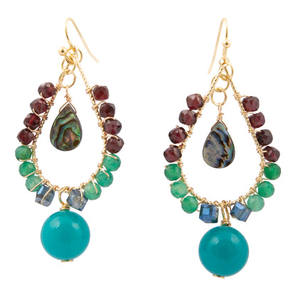 Jeweled Blue Jade Golden Drop Earrings