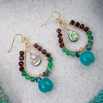 Jeweled Blue Jade Golden Drop Earrings
