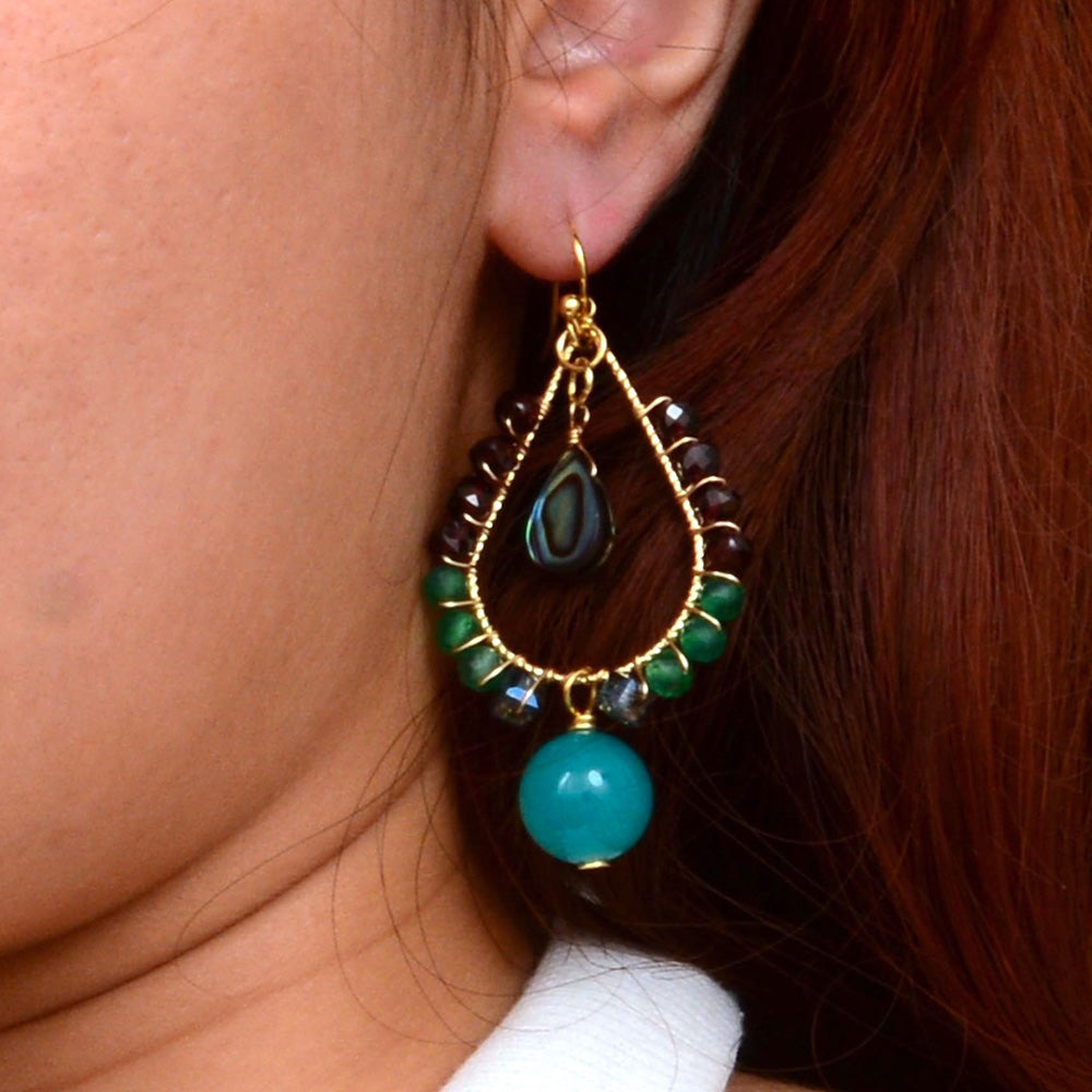 Jeweled Blue Jade Golden Drop Earrings