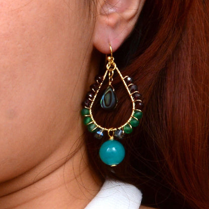 Jeweled Blue Jade Golden Drop Earrings