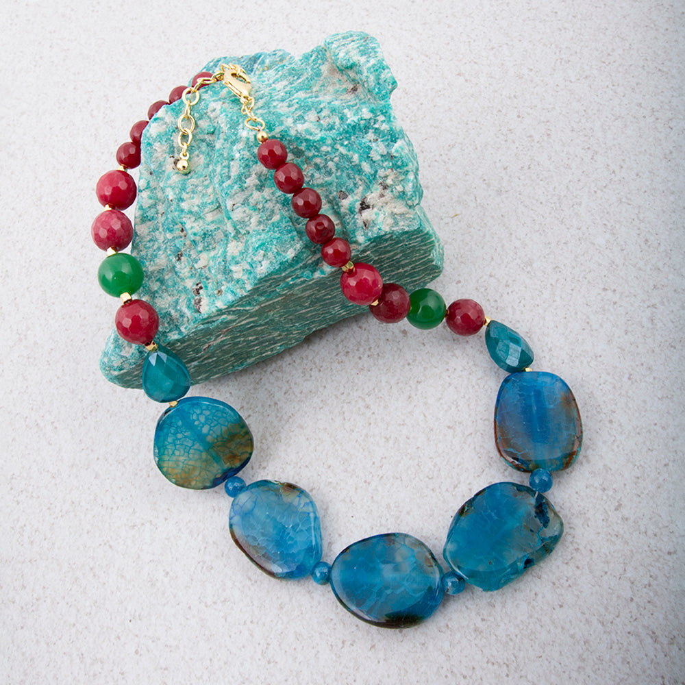 Jeweled Blue Agate Chunky Golden Necklace