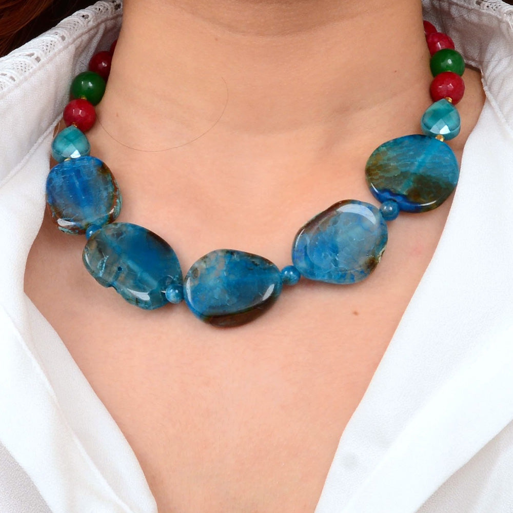 Jeweled Blue Agate Chunky Golden Necklace