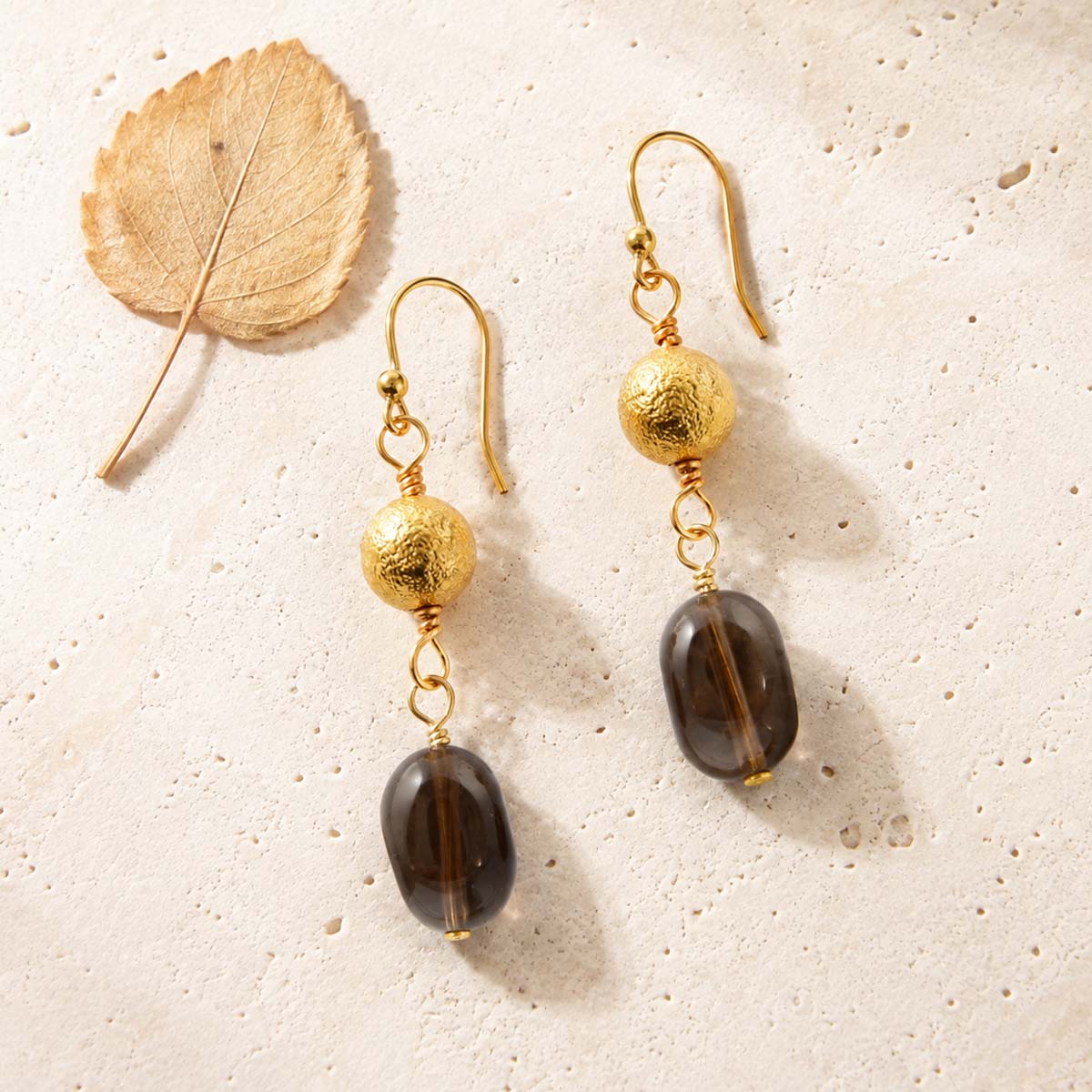 Shadow Luxe Brown Smoky Quartz Golden Drop Earrings