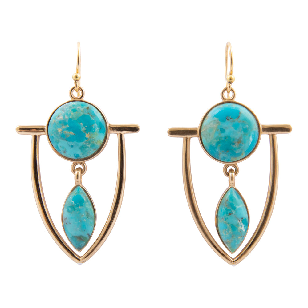 Double Drop Blue Turquoise Golden Statement Earrings