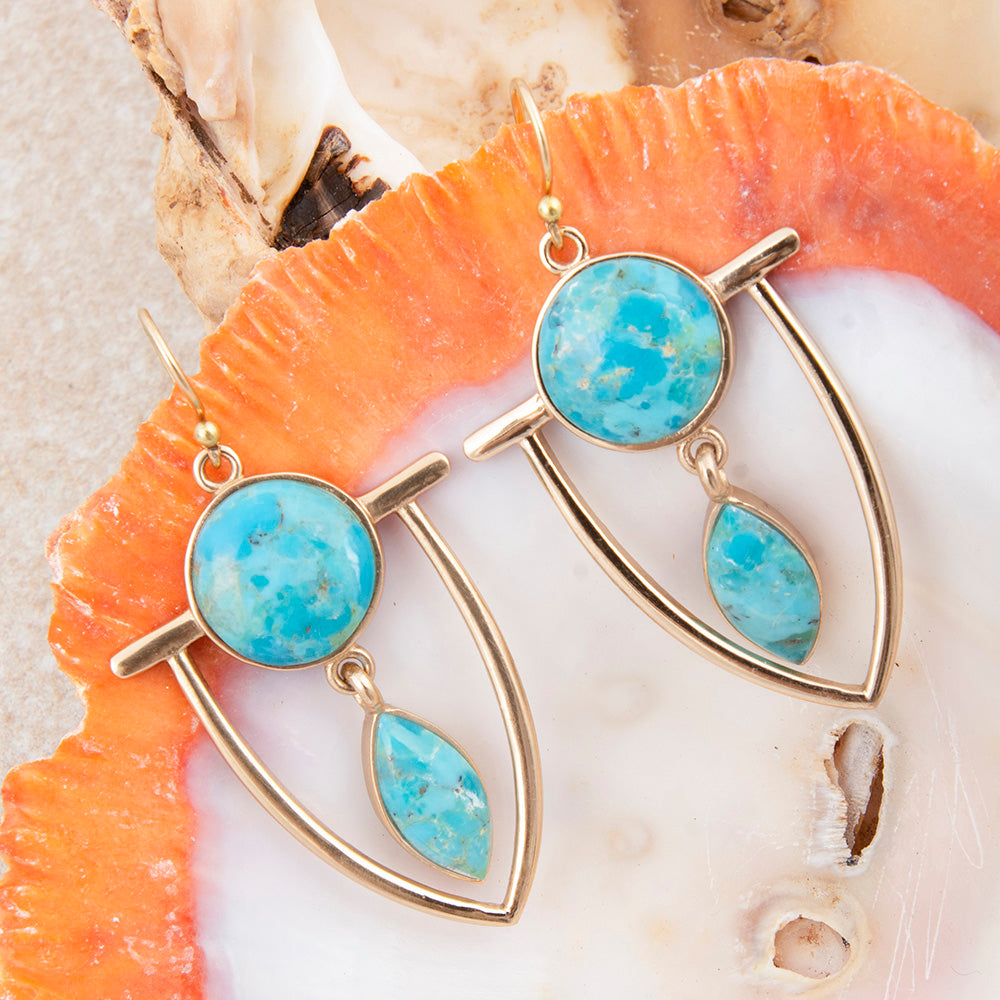 Double Drop Blue Turquoise Golden Statement Earrings