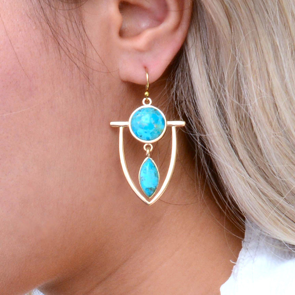 Double Drop Blue Turquoise Golden Statement Earrings