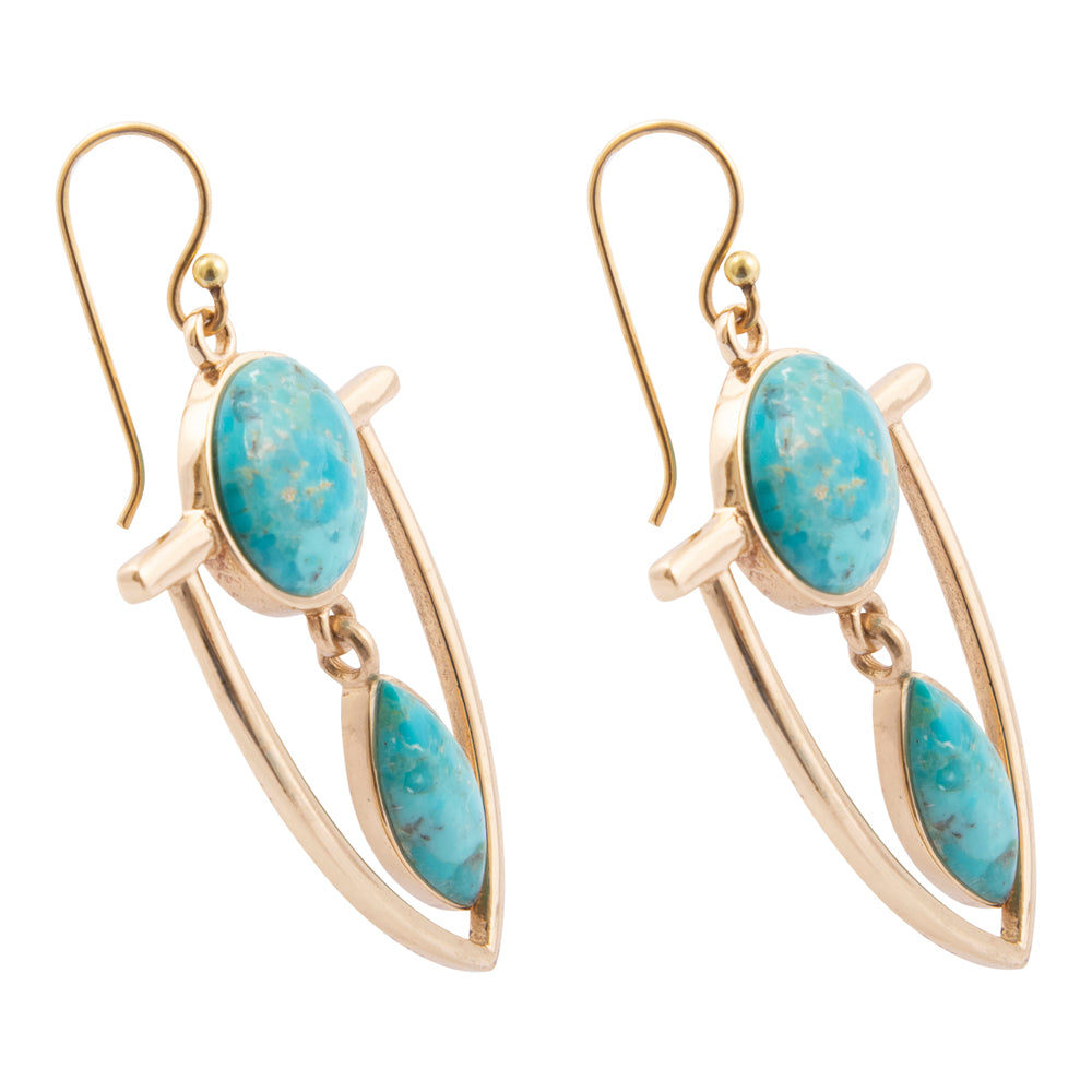 Double Drop Blue Turquoise Golden Statement Earrings