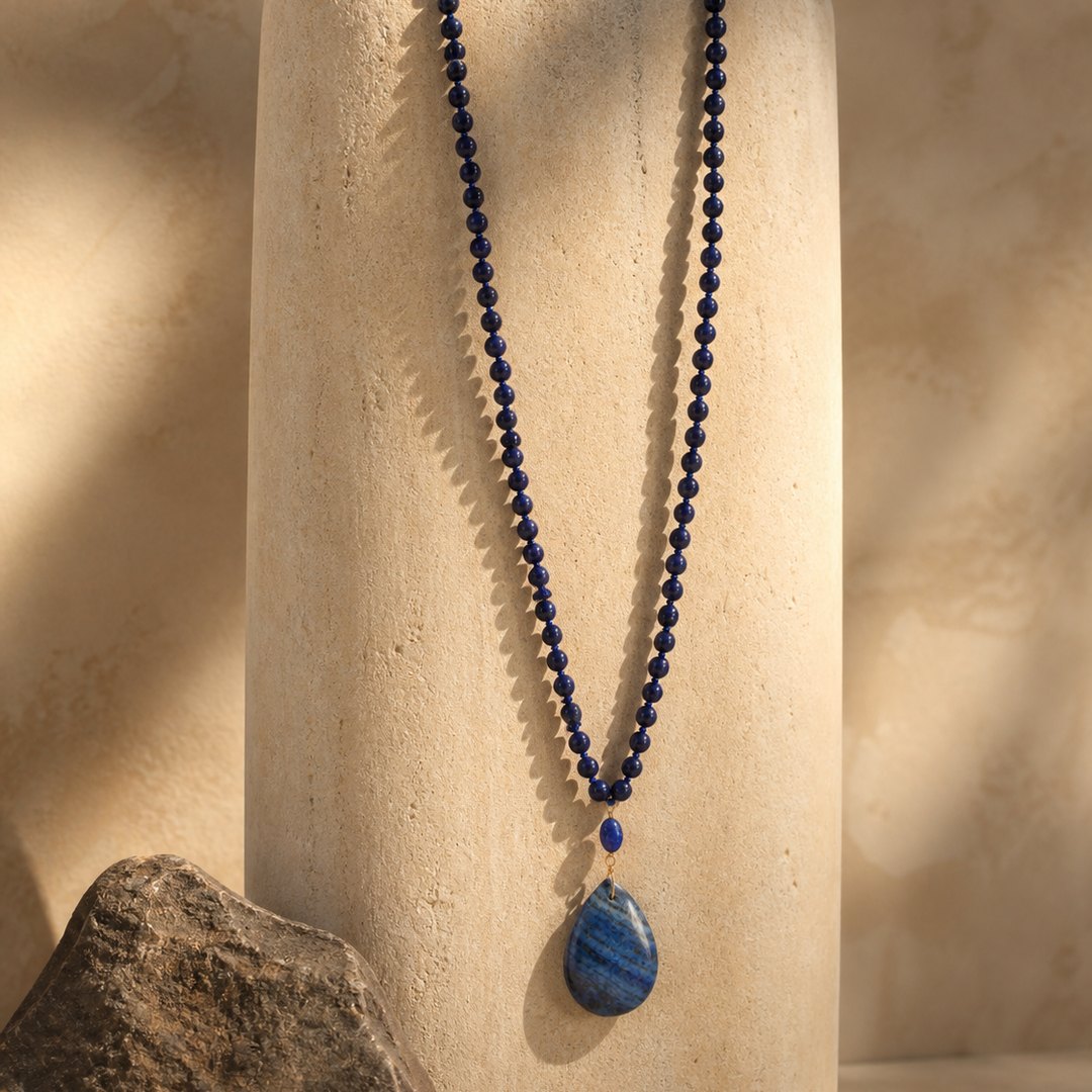 A long beaded necklace with dark blue beads and a teardrop-shaped blue stone pendant, displayed draped over a textured beige stone column.