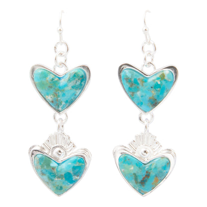 Blue Turquoise and Silver Heart Dangle Earrings
