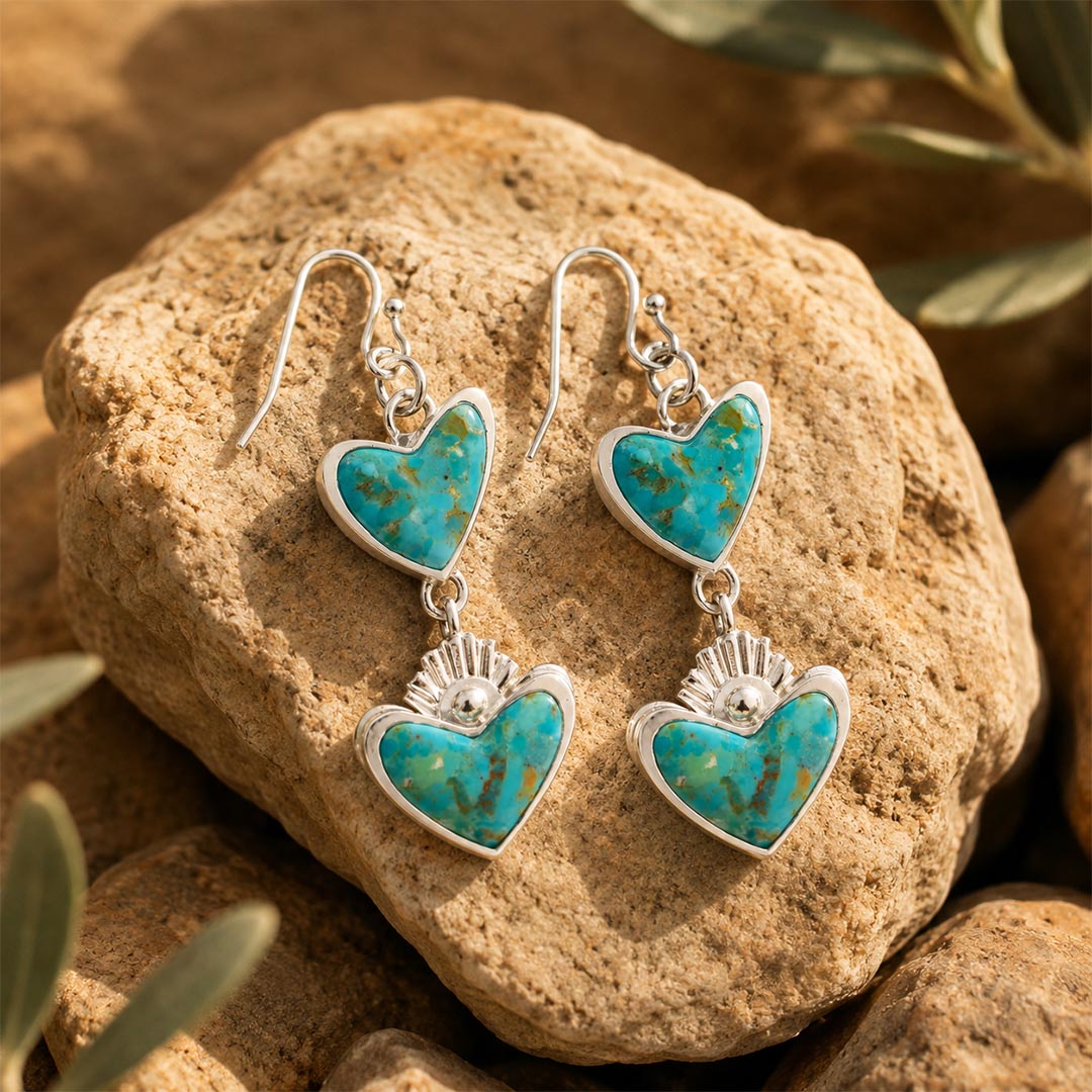 Blue Turquoise and Silver Heart Dangle Earrings