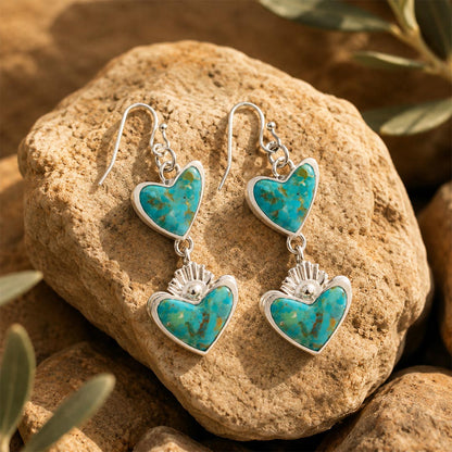 Blue Turquoise and Silver Heart Dangle Earrings